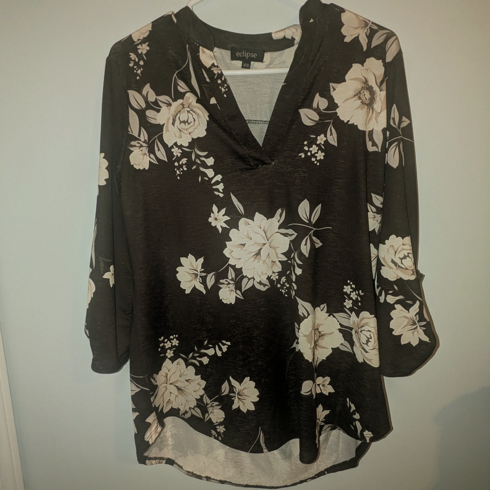 Eclipse Black Floral Cuffed Sleeve Blouse